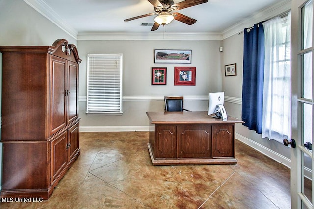 2948 Grove Meadows Dr, Nesbit, MS 38651 - office area with ceiling fan, concrete flooring, baseboards, and ornamental molding