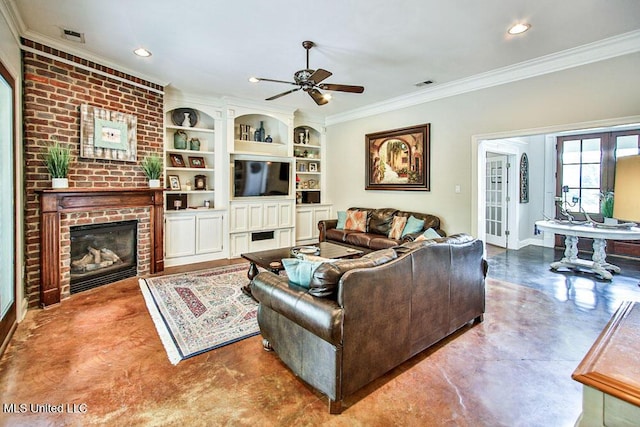 2948 Grove Meadows Dr, Nesbit, MS 38651 - living room featuring a fireplace, crown molding, concrete flooring, ceiling fan, and baseboards