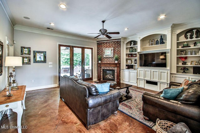 2948 Grove Meadows Dr, Nesbit, MS 38651 - living area featuring a fireplace, a ceiling fan, crown molding, baseboards, and concrete flooring