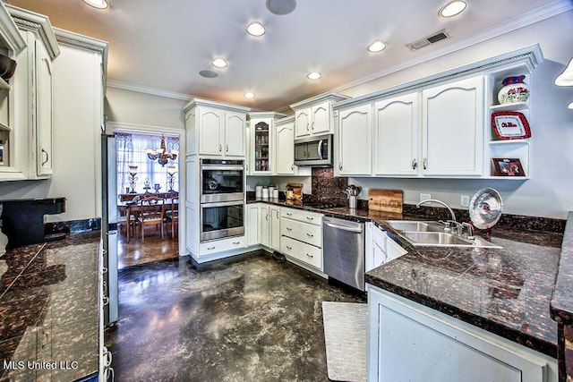 2948 Grove Meadows Dr, Nesbit, MS 38651 - kitchen with appliances with stainless steel finishes, crown molding, a sink, recessed lighting, and glass insert cabinets