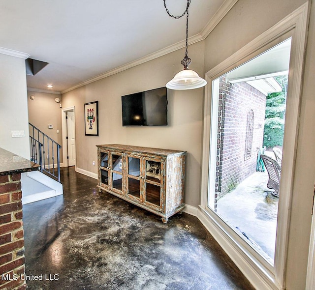 2948 Grove Meadows Dr, Nesbit, MS 38651 - living room with concrete flooring, ornamental molding, stairway, and baseboards