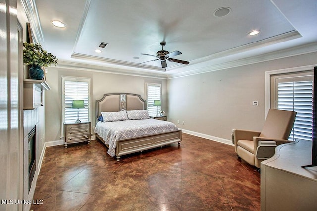 2948 Grove Meadows Dr, Nesbit, MS 38651 - bedroom featuring a raised ceiling, baseboards, crown molding, recessed lighting, and ceiling fan