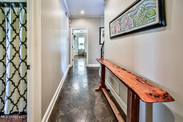 2948 Grove Meadows Dr, Nesbit, MS 38651 - hall featuring baseboards, crown molding, and finished concrete floors