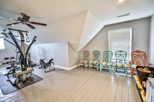 2948 Grove Meadows Dr, Nesbit, MS 38651 - exercise area with baseboards, a ceiling fan, vaulted ceiling, and wood-type flooring