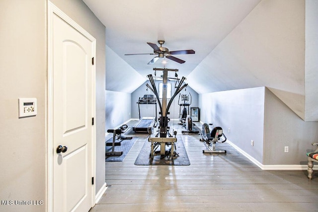 2948 Grove Meadows Dr, Nesbit, MS 38651 - workout area with a ceiling fan, baseboards, lofted ceiling, and hardwood / wood-style floors