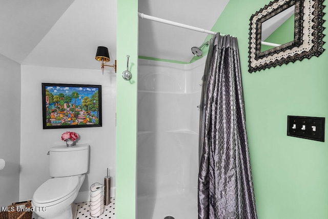 bathroom with lofted ceiling, toilet, and walk in shower