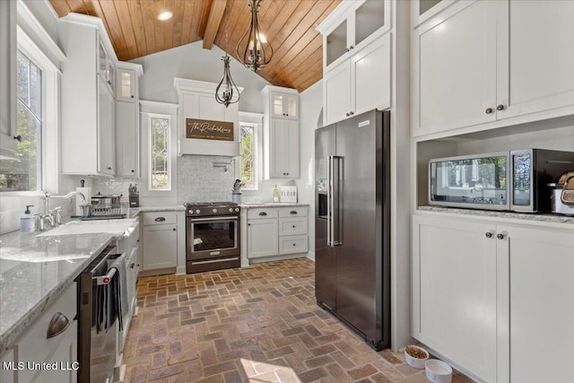 kitchen with a sink, white cabinetry, appliances with stainless steel finishes, wooden ceiling, and decorative backsplash