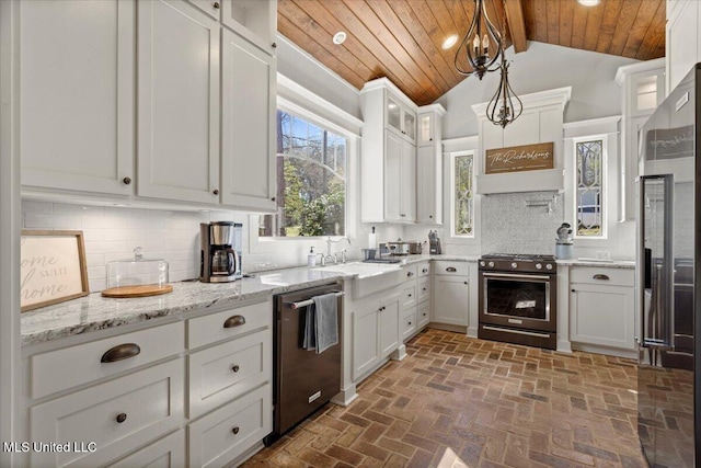 kitchen featuring a sink, premium appliances, white cabinetry, decorative backsplash, and wood ceiling