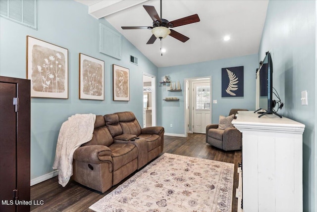 living area featuring visible vents, baseboards, lofted ceiling with beams, and dark wood-type flooring