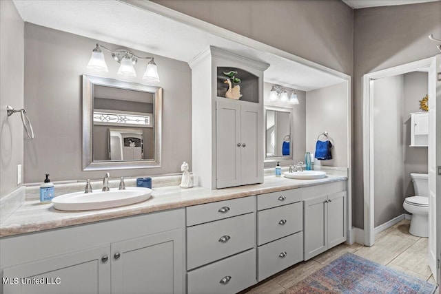 full bath featuring a sink, toilet, and double vanity