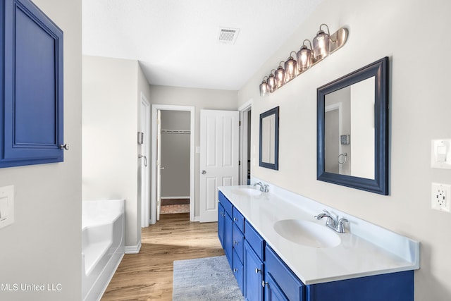 bathroom with wood-type flooring, vanity, and a washtub