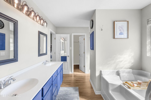 bathroom with vanity, a tub, and hardwood / wood-style floors