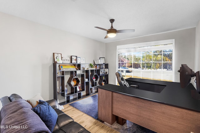 home office with ceiling fan and hardwood / wood-style floors