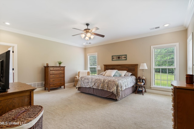7247 Eastern Rd, Olive Branch, MS 38654 - bedroom featuring light carpet, ornamental molding, recessed lighting, and ceiling fan