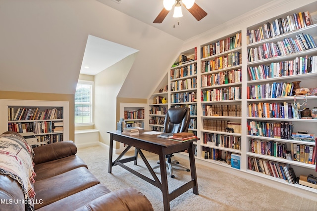 7247 Eastern Rd, Olive Branch, MS 38654 - office space featuring built in shelves, carpet floors, ceiling fan, bookshelves, and vaulted ceiling