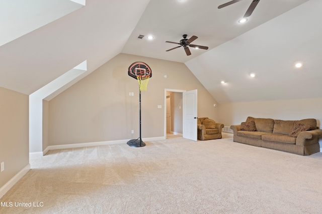 7247 Eastern Rd, Olive Branch, MS 38654 - living room with a ceiling fan, carpet flooring, vaulted ceiling, and recessed lighting