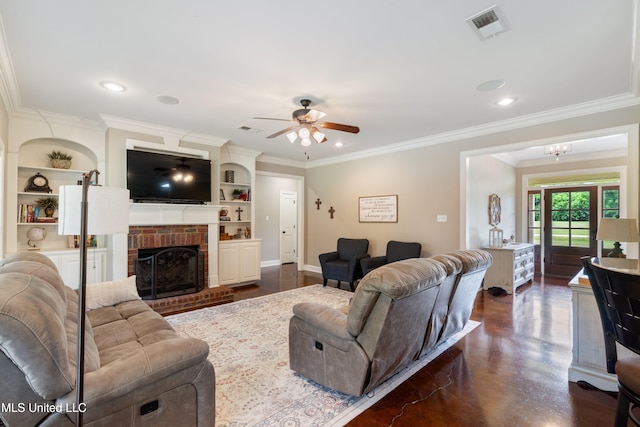 7247 Eastern Rd, Olive Branch, MS 38654 - living room featuring ceiling fan, ornamental molding, a brick fireplace, recessed lighting, and built in features