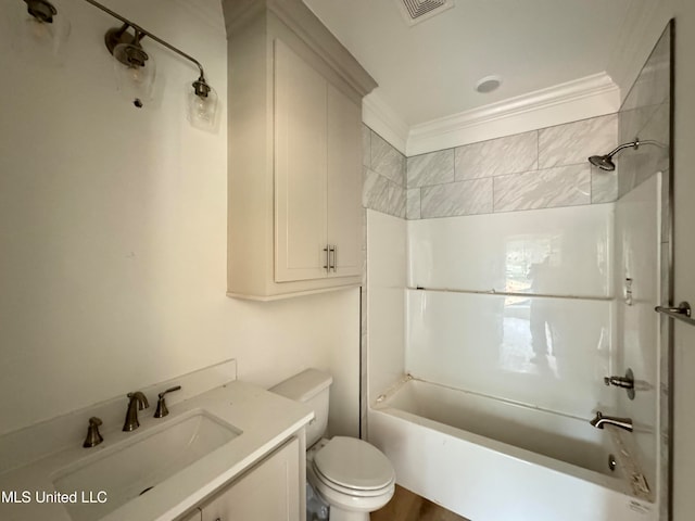 full bath featuring visible vents, toilet, ornamental molding, vanity, and shower / bathing tub combination