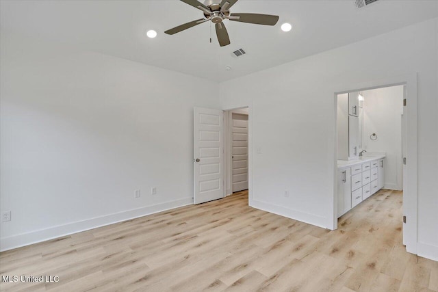 961 Mullican Rd, Florence, MS 39073 - unfurnished bedroom featuring light wood-type flooring, baseboards, connected bathroom, recessed lighting, and ceiling fan
