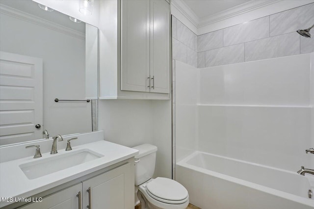 bathroom with toilet, shower / bathtub combination, crown molding, and vanity