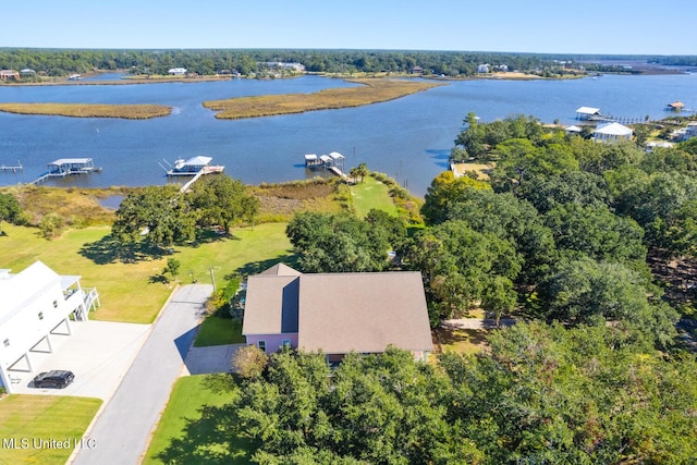 aerial view featuring a water view