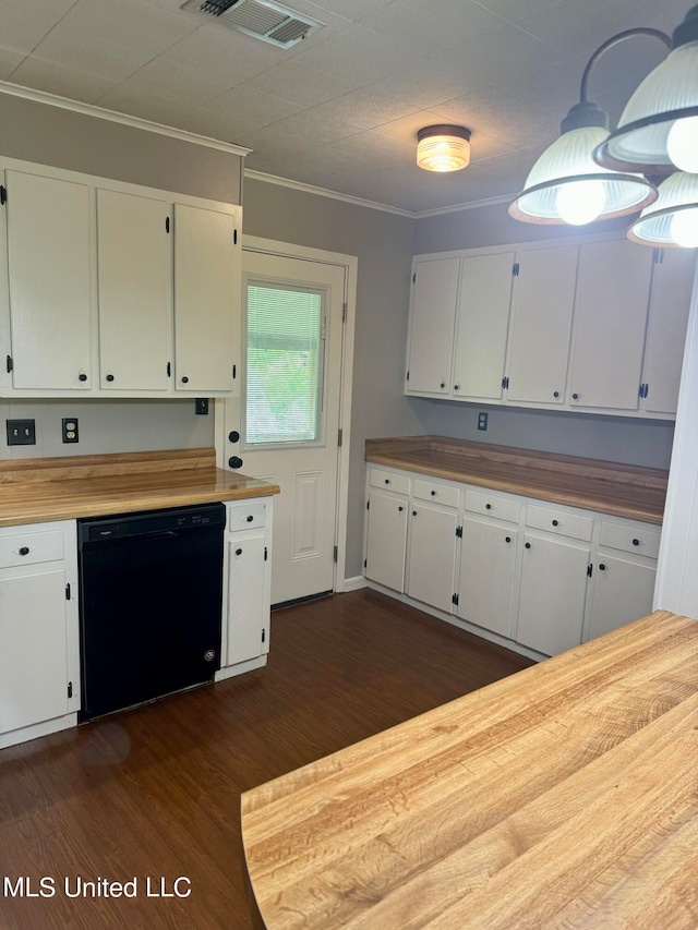 kitchen with dark wood-type flooring, dishwasher, and white cabinets