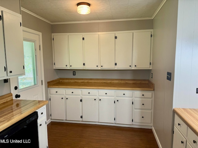 kitchen with black dishwasher, crown molding, dark hardwood / wood-style floors, and white cabinets