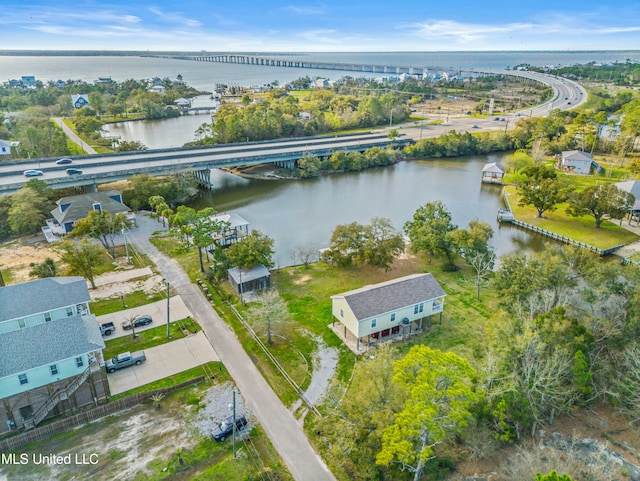 drone / aerial view featuring a water view