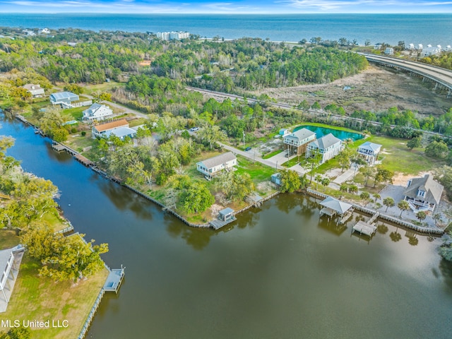 aerial view featuring a water view