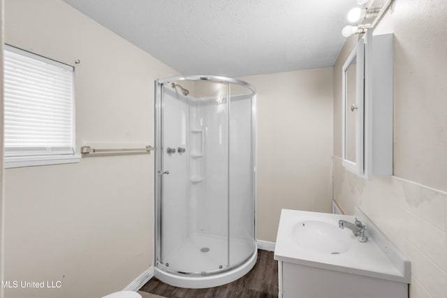 310 John Ave, Pascagoula, MS 39567 - bathroom with a stall shower, vanity, wood finished floors, and a textured ceiling