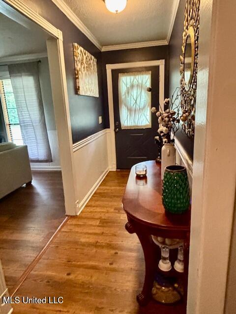 149 Martin Cir, Mendenhall, MS 39114 - entryway featuring wood finished floors, plenty of natural light, a wainscoted wall, ornamental molding, and a textured ceiling