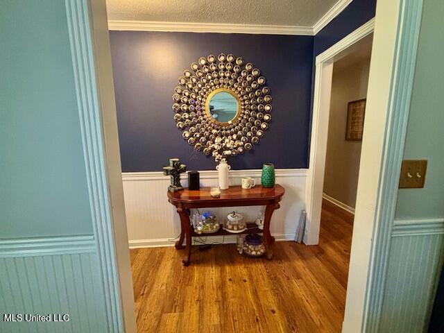 149 Martin Cir, Mendenhall, MS 39114 - hallway with wood finished floors, wainscoting, and ornamental molding
