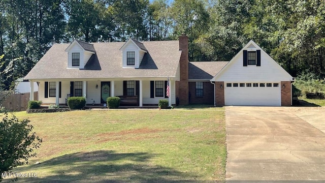 cape cod-style house with a porch, a front lawn, and a garage