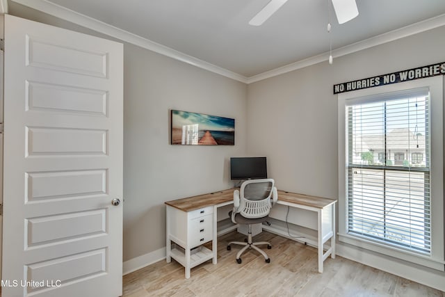 home office with a healthy amount of sunlight, light wood-style floors, baseboards, and crown molding