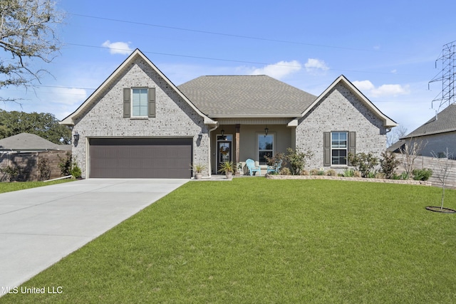 view of front of property with a garage, brick siding, concrete driveway, roof with shingles, and a front yard