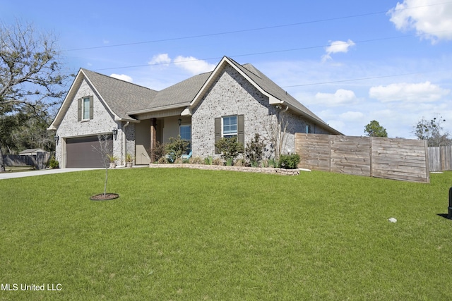 view of front facade with brick siding, a shingled roof, fence, driveway, and a front lawn