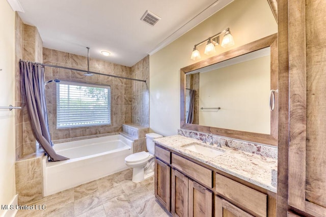 full bathroom featuring vanity, toilet, crown molding, and shower / tub combo with curtain