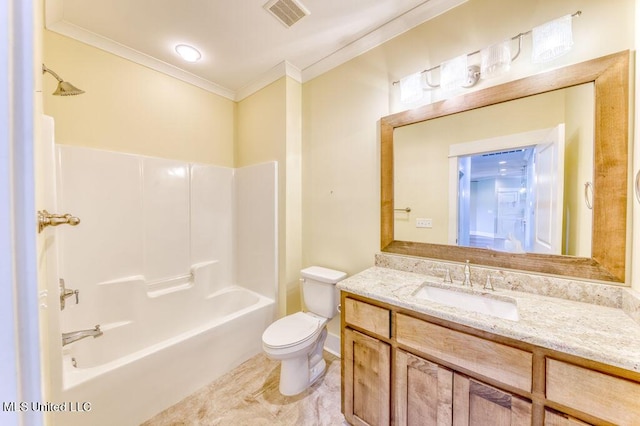 full bathroom featuring crown molding, vanity,  shower combination, and toilet