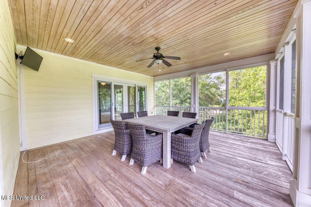 sunroom with ceiling fan and wooden ceiling