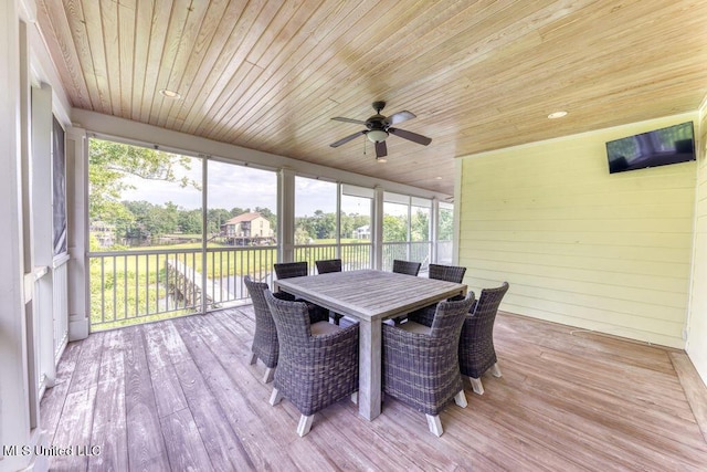 sunroom featuring ceiling fan and wooden ceiling