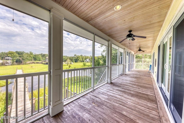 unfurnished sunroom featuring ceiling fan and wood ceiling