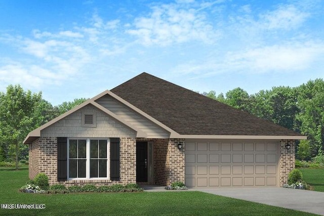 view of front of home featuring a front yard and a garage