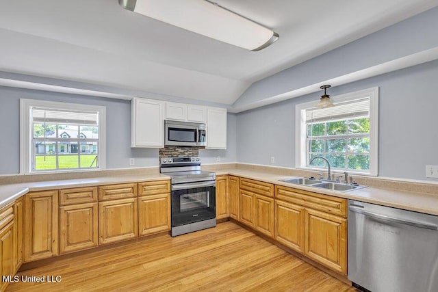 kitchen with vaulted ceiling, a healthy amount of sunlight, stainless steel appliances, and sink