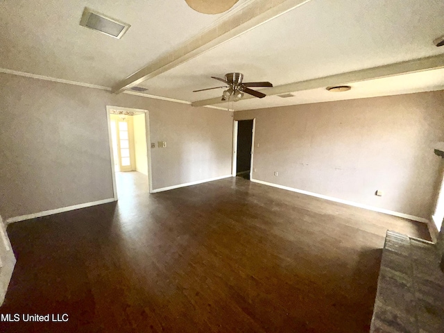 empty room featuring beam ceiling, ceiling fan, and dark hardwood / wood-style flooring