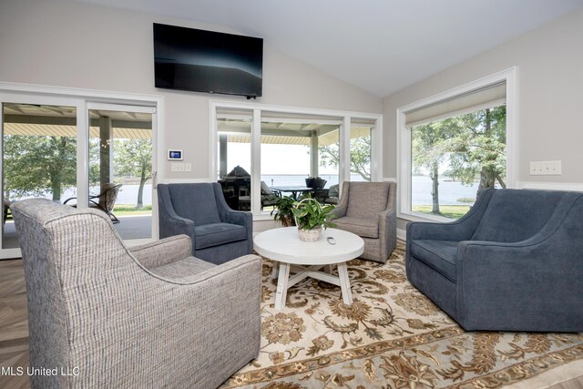 living area featuring lofted ceiling