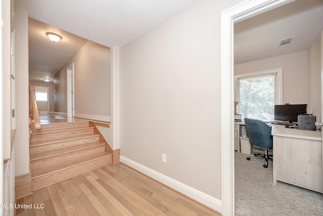 interior space with baseboards, wood finished floors, and visible vents