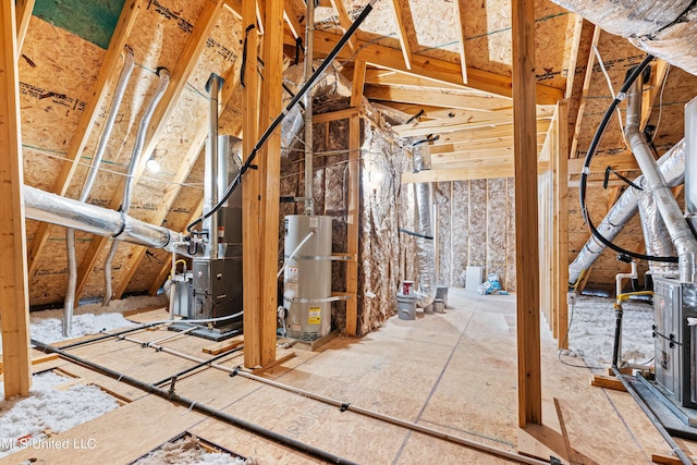 unfinished attic with heating unit and strapped water heater