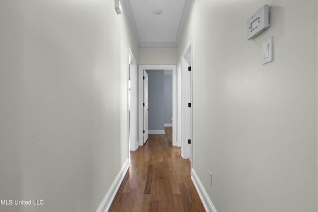 corridor with wood-type flooring and crown molding