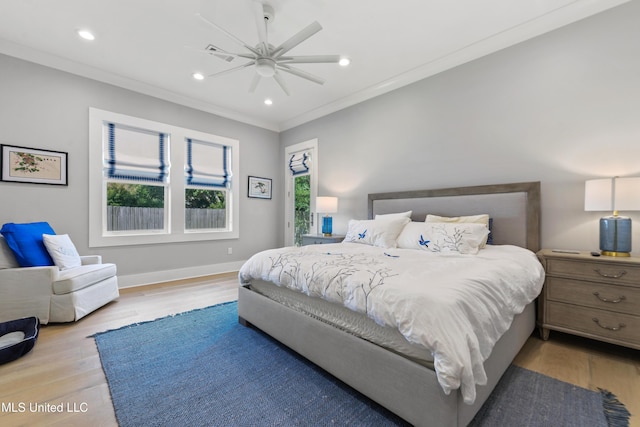 140 Seaside Dr, Ocean Springs, MS 39564 - bedroom featuring crown molding, wood finished floors, recessed lighting, baseboards, and ceiling fan