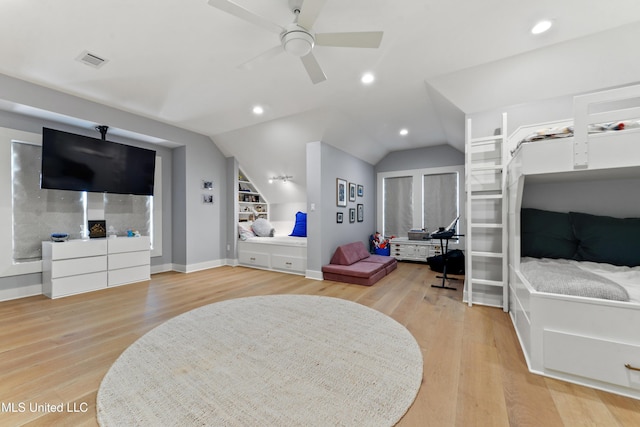 140 Seaside Dr, Ocean Springs, MS 39564 - living area featuring light wood-style flooring, a ceiling fan, vaulted ceiling, baseboards, and recessed lighting
